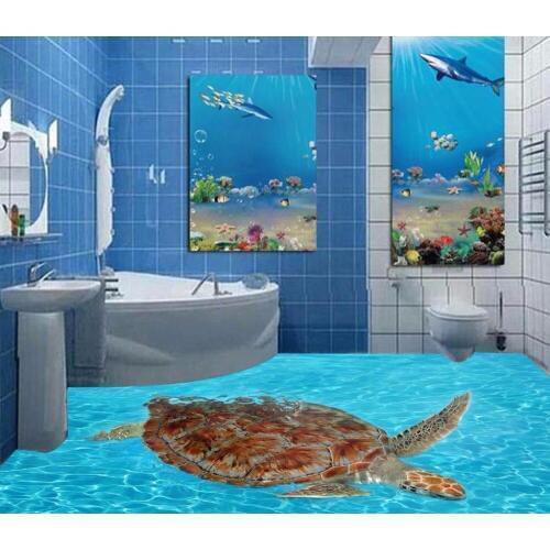 3d flooring Turtle Sea World Bathroom 3D Floor Painting 3d floor painting wallpaper pvc self-adhesive wallpaper