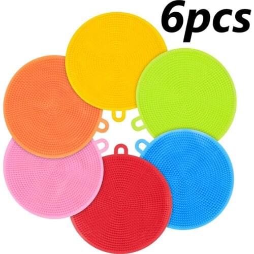 6Pcs Dishwashing Sponge Silicone Cleaning Brush Multi-Functional Fruit Vegetable Scouring Pad Dish Bowl Pot Cleaner Washing Tool