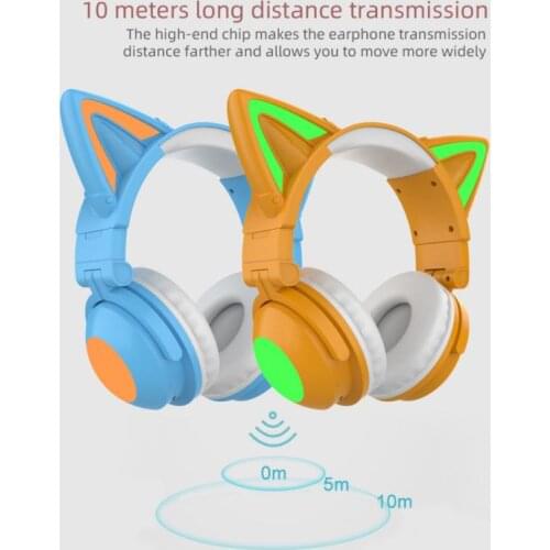 LED Light Up Cat Ear Headphones With Battery Display Call Function Wireless Foldable Headsets With Mic Stereo Sound Earphone