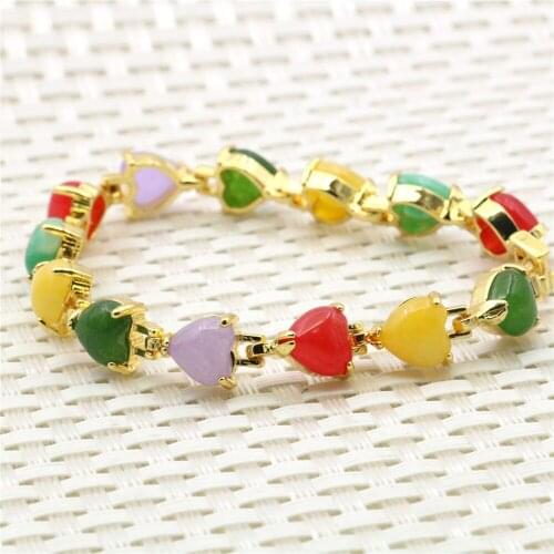 Heart Red Purple Yellow Green Multicolor Jades Emeralds Bracelet Alloy Crystal Chalcedony Natural Stone Women Jewelry Ornament