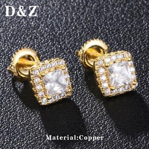 D&Z Hip Hop Iced Out Bling Cubic Zirconia Geometry Square Earrings for Women Men Rock&Roll Studs Ear Jewelry