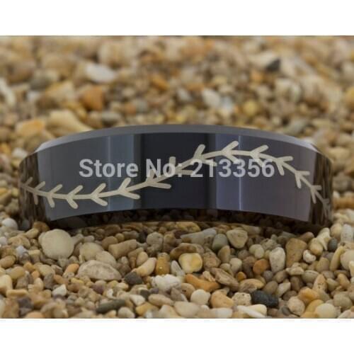 Cheap Price Free Shipping USA Hot Selling 8MM Black Beveled Baseball Stitch Lord Mens Fashion Tungsten Ring Wedding Band Ring