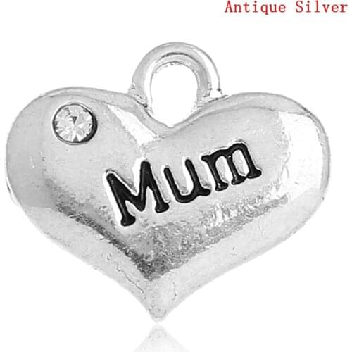 DoreenBeads Charm Pendants Heart Silver color "Mum" Message Carved Clear Rhinestone 16x14mm,20PCs (B32655)