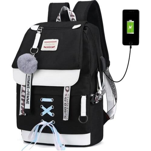 Canvas School Bags For Girls Teenagers Backpack Women Bookbag USB Charging Large Capacity Middle High School Backpacks Schoolbag