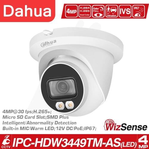 Dahua IP Camera 4MP Full-Color WizSense IPC-HDW3449TM-AS-LED Built-in Mic SD Card Slot Alarm Colorful Night Vision Outdoor Cam