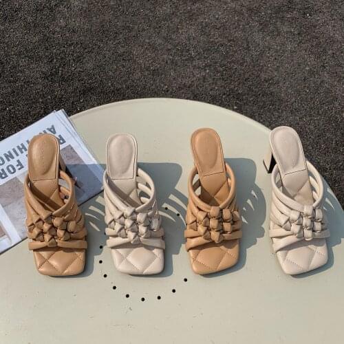 Summer women shoes Square Toe hogh heels Womens Slippers Braided Open Toe sandals Brand Design Slippers