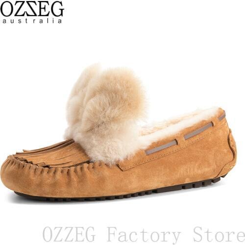 OZZEG Luxury Brand Designer Shoes Women Winter Real Leather Flats Australia Sheep Fur Loafers Ladies Shoes Tassel and Rabbit Ear