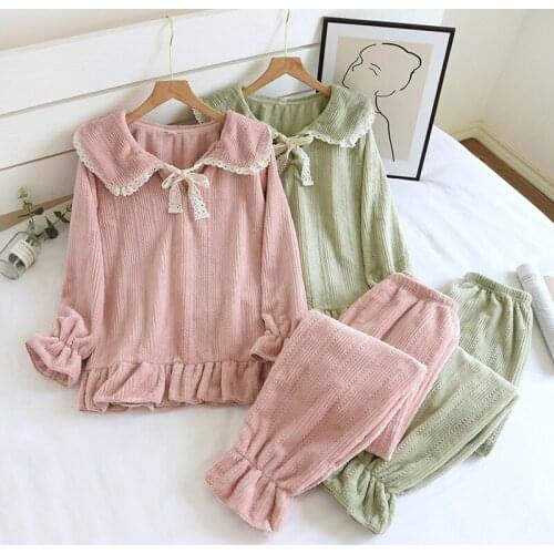 Sweet Fashion Doll Collar Princess Sleepwear 2021 Solid Gentle Cute Women Loose Pajamas Suits Fresh Flannel Pyjamas Home Clothes