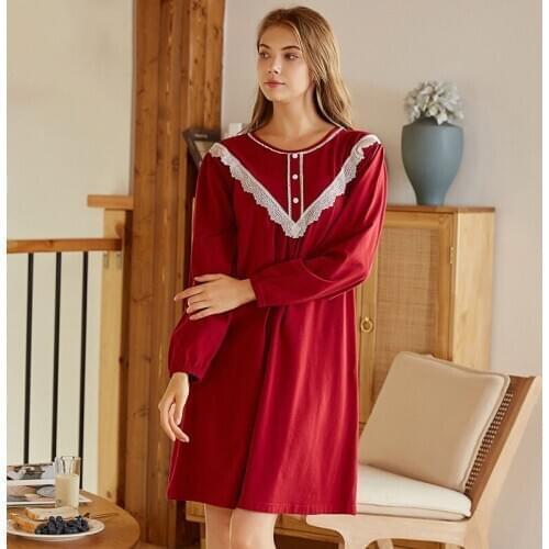 Sweet Girl lace splice Night Dress Women autumn Thicken Sleepwear Cute woman Nightgown Loose Cotton pullover female Nighty