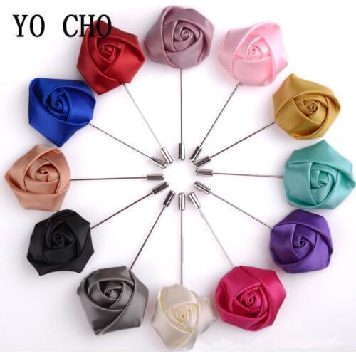 YO CHO Boutonniere Men Lapel Brooch Pins Flower Boutonniere Handmade Silk Rose Party Wedding Prom Corsage Blue Men Suits Flowers