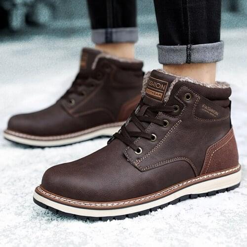 Leather Men Boots Winter with Fur 2020 Warm Snow Boots Men Work Casual Shoes Waterproof Sneakers High Top Rubber Ankle Boots Men