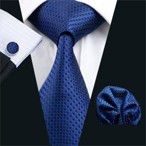 FA-881 Mens Tie Blue Geometric Silk Neck tie Classic Tie Hanky Cufflinks Set Ties For Men Business Wedding Party Free Shipping