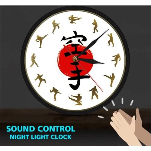 Fistfight Karate Non Ticking Metal Frame LED Wall Watch Japanese Martial Arts Karate Silhouettes Home Decor Sound Control Clocks