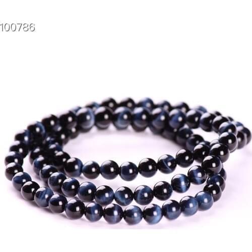 Genuine Natural Hawk Eye Blue Tigers Eye Gemstone 6mm Round Beads Bracelet 3 Laps Round Beads Necklace Crystal Stretch AAAAA