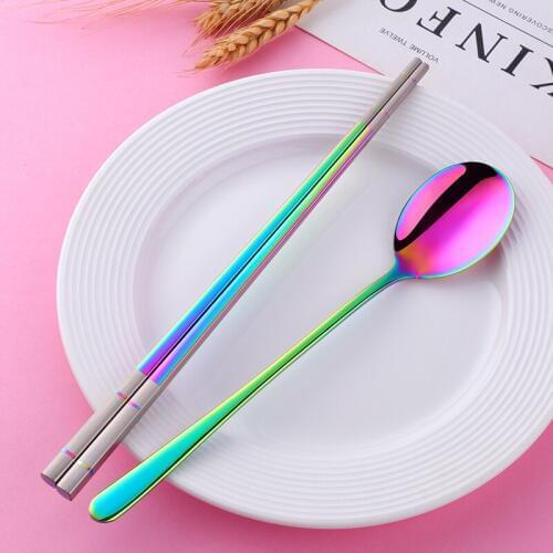 New Hashi Silver 18/10 Stainless Steel Korean Chopstick and Spoon Set Dinnerware Black Dessert Spoon Long Handle Chop Sticks Set
