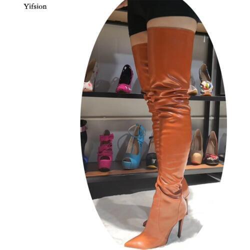 Olomm Stylish Women Spring Over The Knee Boots Thin High Heels Boots Sexy Pointed Toe Coffee Party Shoes Women US Size 5-15