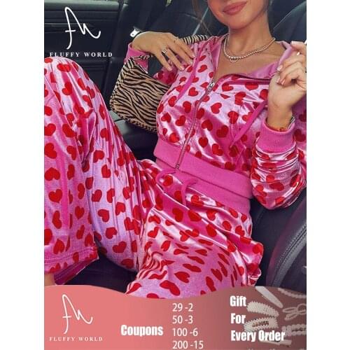 Autumn Velvet Cute Y2K Hoodies Set Women Heart Print Jackets Zip Up Long Sleeve Cropped Sweatshirts and Pants 2Piece Set Clothes