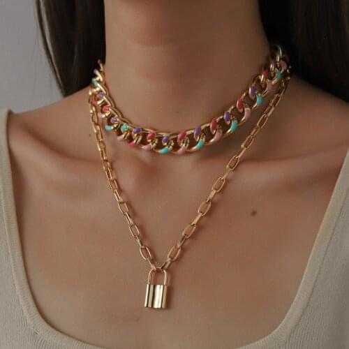 Punk Rainbow Enamel Chunky Cuban Chain Necklace for Women Summer Beach Colorful Wide Curb Link Lock Chokers Necklaces Jewelry