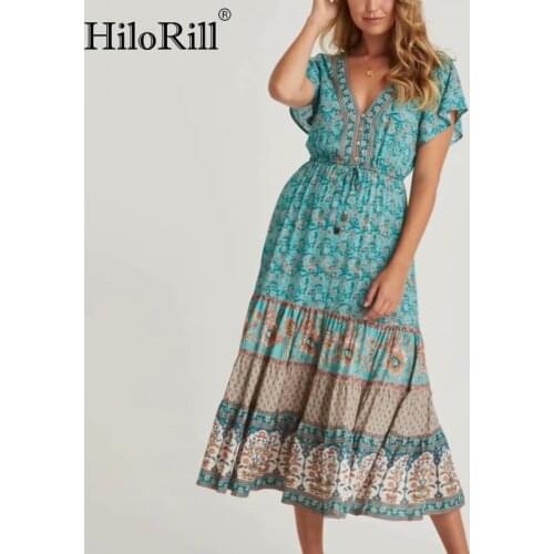 HiloRill Summer Floral Print Boho Dress Flare Short Sleeve Beach Pleated Dress V Neck Lady Vintage Long Dresses Vestidos Mujer
