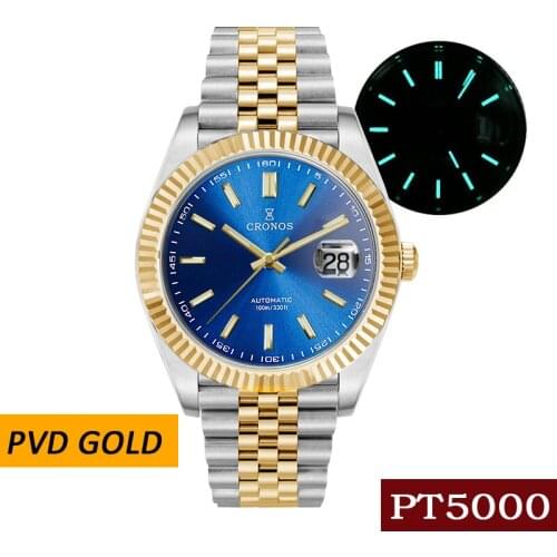 Cronos Date Luxury PVD Gold Mens Diver Watch 5 Links Bracelet Copper-Nickel Plated Bezel 100m Water Resistant Sapphire Luminous