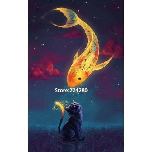 Needlework,Aida Cross stitch,14CT Unprinted Animal Cat and fish scenery Embroidery kits Art Cross-Stitching,DIY Handmade decor