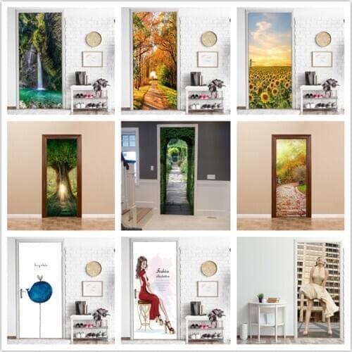 Self Stick Home Decor Renovation Door Sticker Living Room Bedroom Theme Indoor Renew PVC Waterproof Art Door Poster Mural Decal