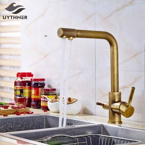 Uythner Solid Brass Kitchen Faucet Mixer Tap Dual Spouts Antique Brass Deck Mounted