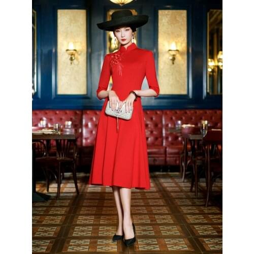 Embroidered Cheongsam Modified Dress Red Chinese Brides Toasting Suit Full Dress