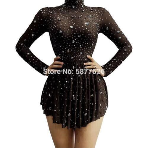 Party nude dresses Rhinestones Long Sleeve Stretch Mini Dress Crystals Short Dress Birthday Celebrate costume