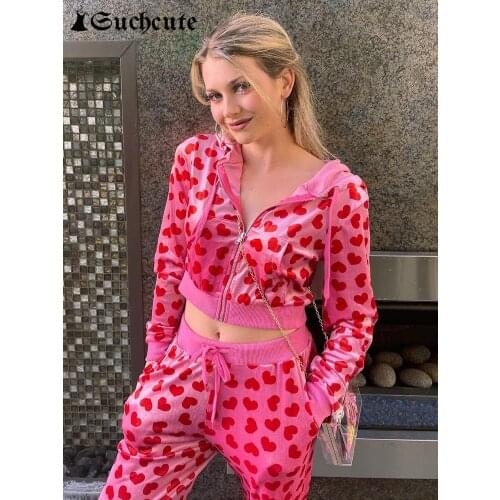 SUCHCUTE Kawaii Heart Print Pink Cropped Sweatshirts Y2K Vintage Long Sleeve Slim Aesthetic Hoodies Harajuku Zip Up Streetwear