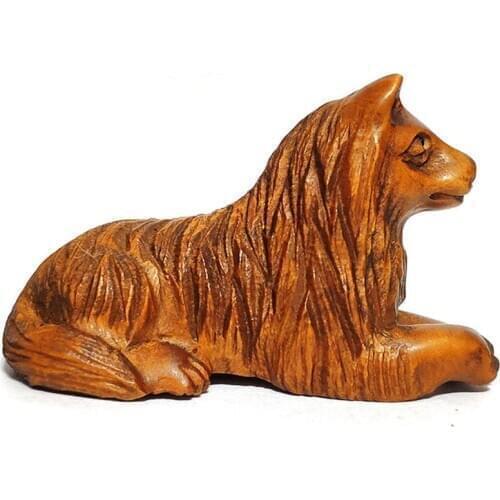 Y6191 - 2 " Hand Carved Boxwood Netsuke Carving Figurine : Seating Dog Wolf Small Carving Crafts Statue Home Decoration Ornament