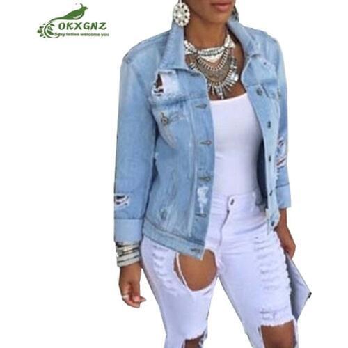 New plus size M-5XL denim jacket female 2020 autumn fashion single-breasted cowboy jacket hole tops womens denim outwear OKXGNZ