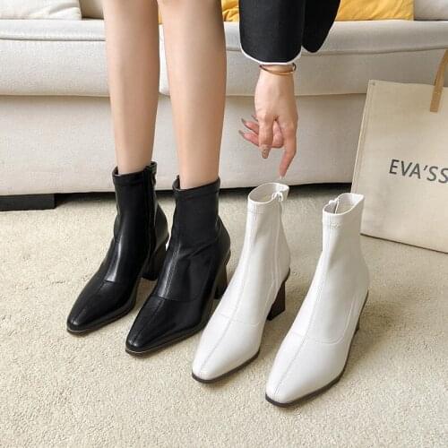 Ins Wood heels riding boots women pointed toe wooden thick high heels chelsea botas cozy zipper winter plush ankle botines femme
