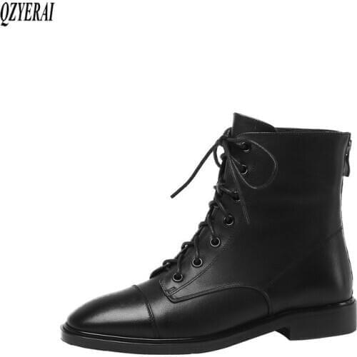 QZYERAI New winter genuine leather ankle Women boots Motorcycle boots Female boots warm snow boots Women shoes cowhide