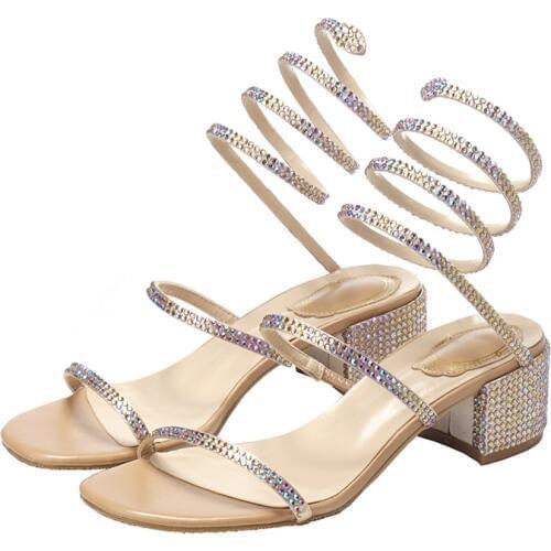 Leaking toe wild rhinestone shoes woman fairy wind snake-shaped winding Roman womens sandals sexy thick heel womens sandals