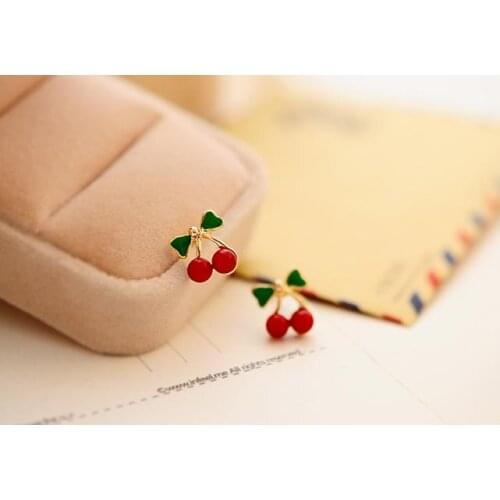 2020 New Fashion Lovely Red cherry earrings rhinestone leaf bead stud earrings for woman jewelry gift