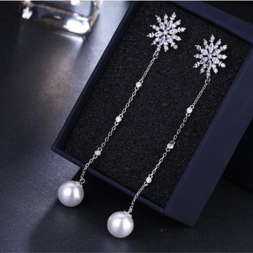 KSRA Summer Elegant Floral CZ Wedding Earrings For Women Cubic Zirconia Freshwater Pearl Bridal Earrings Vintage Jewelry New