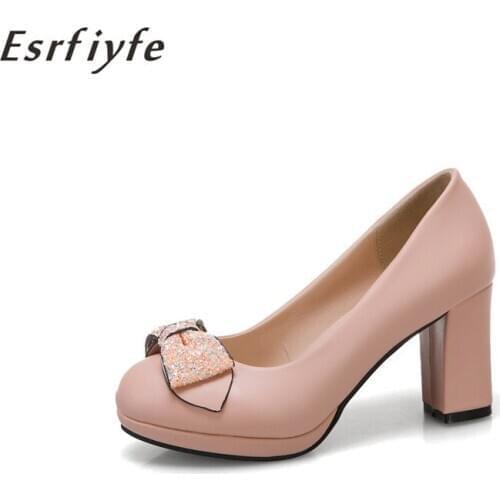 ESRFIYFE 2021 New Spring Summer Ladies High Heels Shoes Woman Pumps Bowknot Round Toe Single Shoes Party Shoes Large Size 33-35