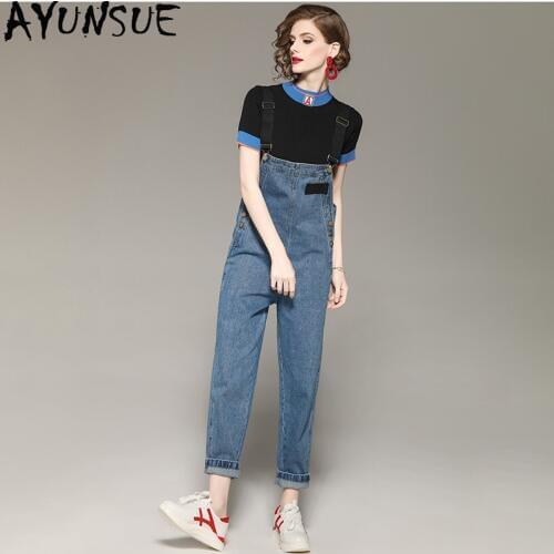 Two Piece Set Tops and Pants Women Clothes 2020 Korean Elegant Knit Short Sleeve T-Shirt + Strap Jeans Pants 2 Piece Set ZT2088