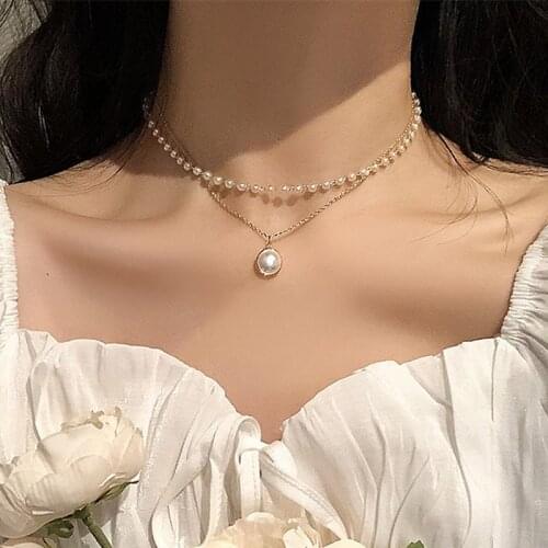 Cute Double Layers Gold Color Fashion Choker For Women Girl Imitation Pearl Pendant Simple Necklace Chocker Collar Collier Femme