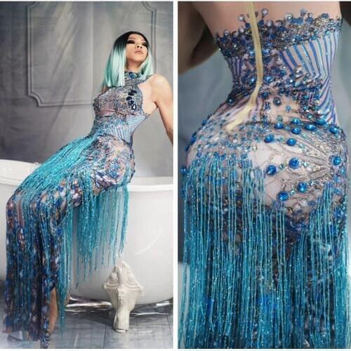 Top Quality Sky Blue Crystal Diamonds Design Sexy Club Dresses Fashion Maxi Blue Tassel Celebrity Cocktail Party Dress Women Sleeveless Bodycon Sequin Dress Vestidos Dropshipping