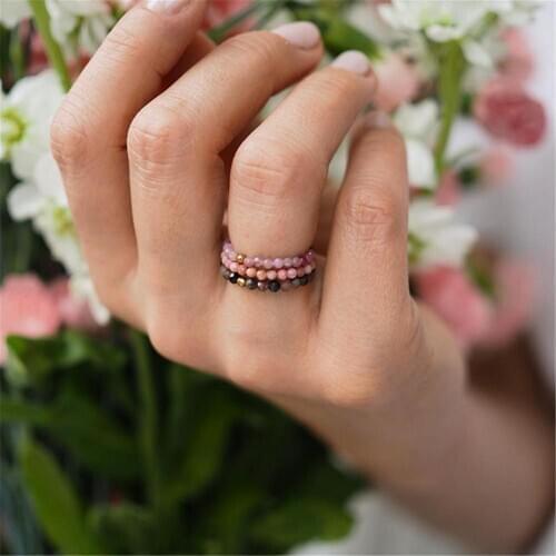 Bohemian Handmade Natural Stone Rings Women with Stainless Steel Bead Black Stone Bague Wedding Promise Ring Adjustable