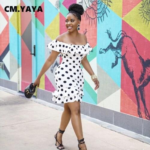 CM.YAYA Women Mini Dress Dop Print Short Sleeve Off Shoulder Slash Neck Flounched Edge Stretchy Dresses Fashion Outfit Summer