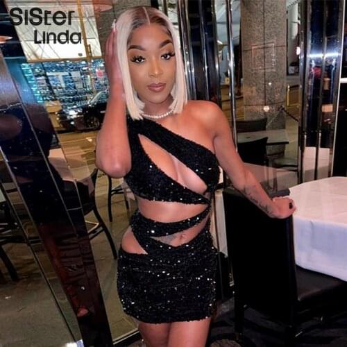 Sisterlinda Summer Sexy Hollow Black Slim Dress Women Inclined Shoulder Sleevesess Bandage Backless Party Bodycon Mini Dress2021