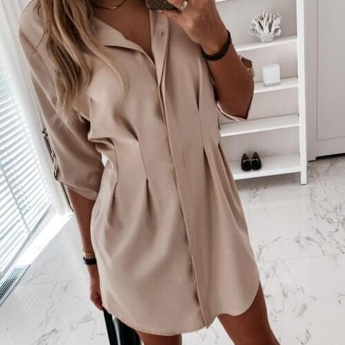 Women Casual 3/4 Sleeve Buttons Irregular Hem Stitched Waist Long Shirt Mini Dress