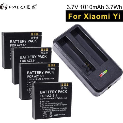 PALO 4pcs digital camera battery AZ13-1 Batteries 1010mah For Xiaomi YI 2/4Kplus + LED Dual Charger For Xiao yi 4k Action Camera