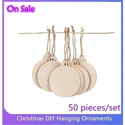 50pcs DIY Craft Wooden Round Bauble with 50pcs Twines to Paint, Unfinished Christmas Hanging Ornaments Natural Blank Wood Discs