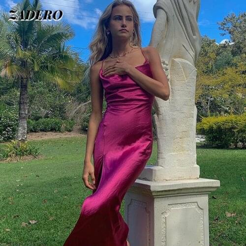 Retro Satin Dress Women Party Hem Slit Long Sling Dress Spaghetti Strap Sleeveless Backless Party Elegant Vintage Evening Dress