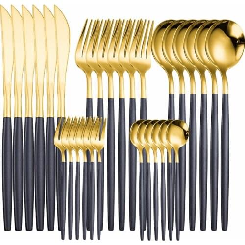 Black Gold Cutlery Set Stainless Steel Tableware Set Spoon Fork Knife Dinnerware 30Pcs Kitchen Complete Dinner Set Dropshipping