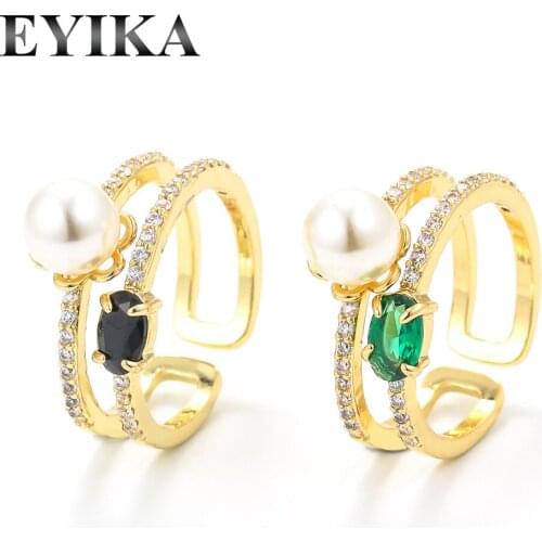 EYIKA Elegant Double Layer Green Black Zircon Imitation Pearl Gold Color Lady Finger Open Ring Wedding Engagement Women Anillo